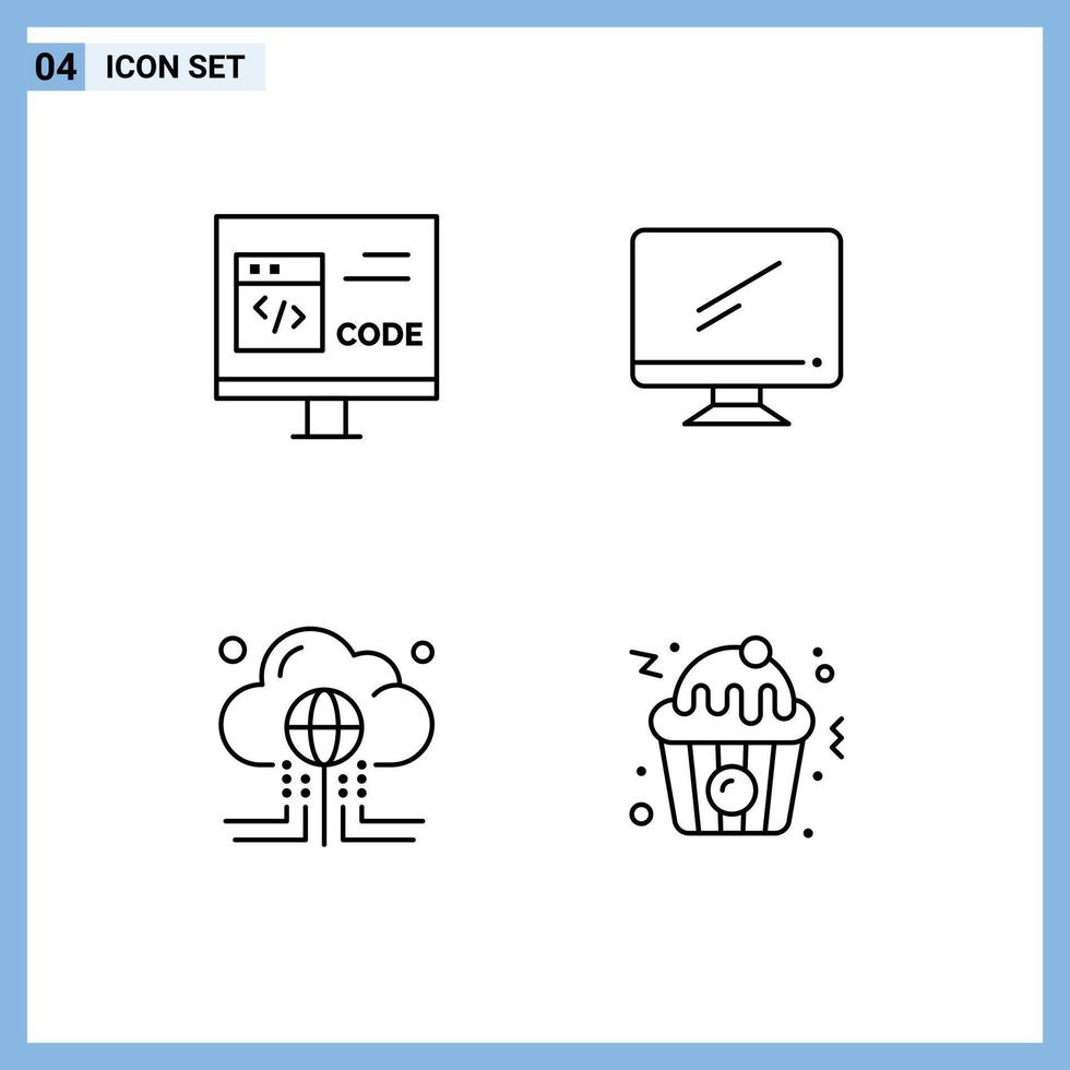 Stock Vector Icon Pack mit 4 Zeilenzeichen und Symbolen für App-PC entwickeln Monitor Computing editierbare Vektordesign-Elemente