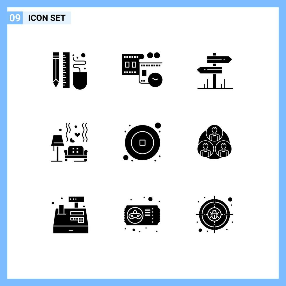 modern uppsättning av 9 fast glyfer pictograph av bröllop kärlek tid soffa rum redigerbar vektor design element