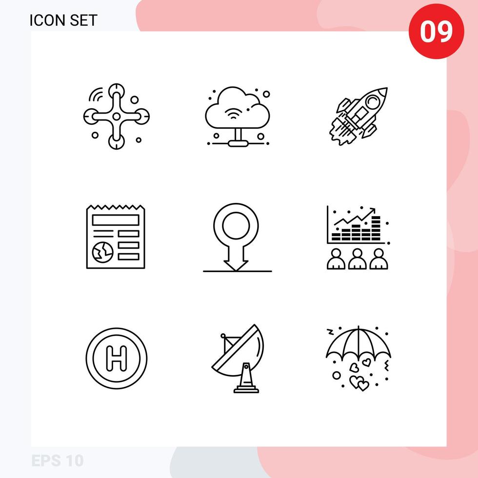 Stock Vector Icon Pack mit 9 Zeilen Zeichen und Symbolen für Human Globe Business Document Spaceship editierbare Vektordesign-Elemente