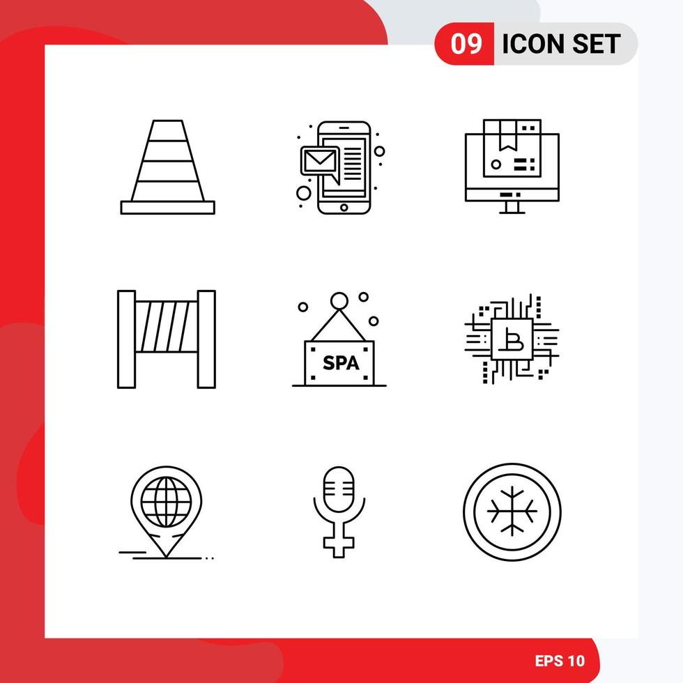 Gruppe von 9 skizziert Zeichen und Symbole für Bitcoin-Spa-Zeichen-Produkt-Spa-Tools editierbare Vektordesign-Elemente vektor