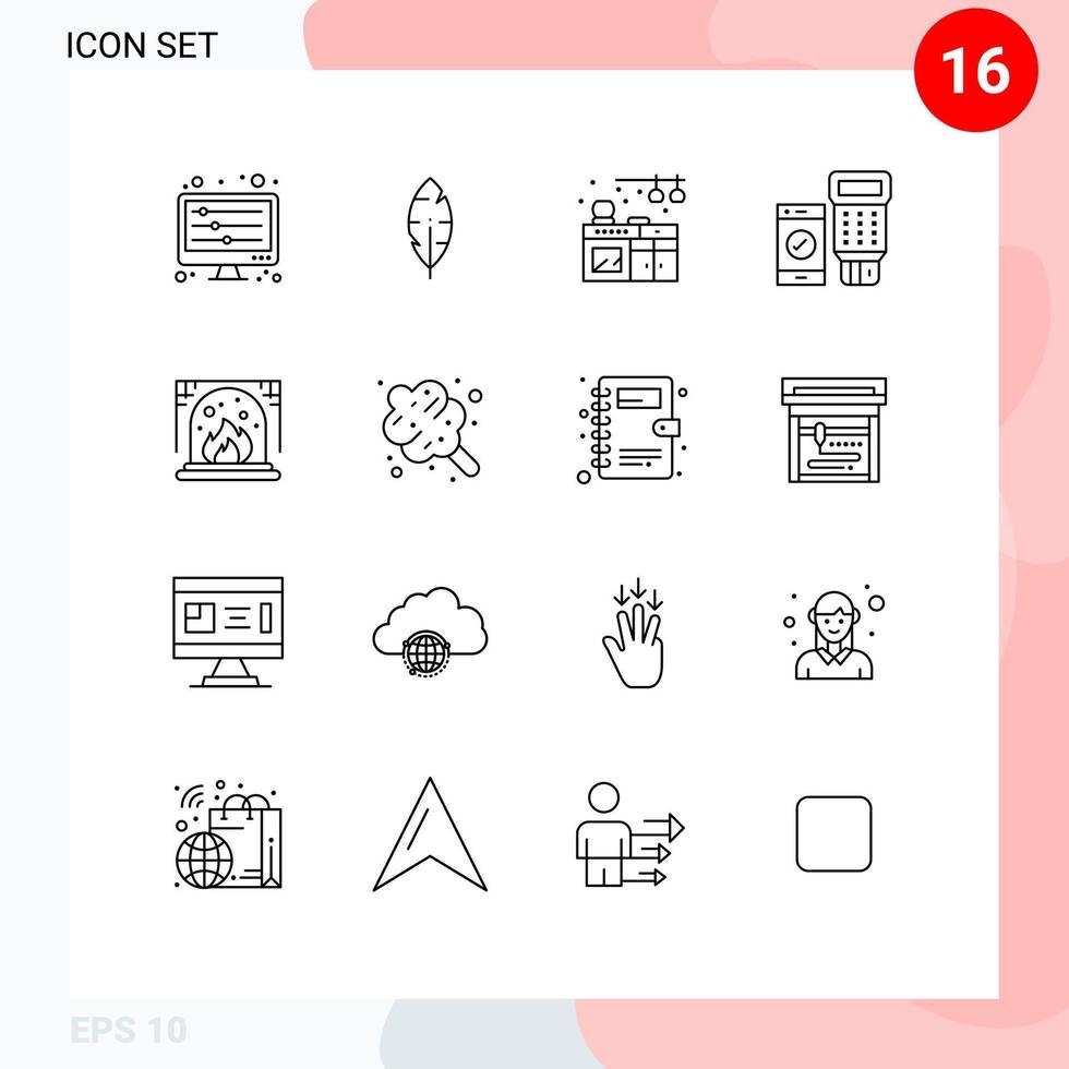 Lager Vektor Icon Pack mit 16 Zeilenzeichen und Symbolen für Zuckerwatte Kamin Wohnzimmer Schornstein qr editierbare Vektordesign-Elemente