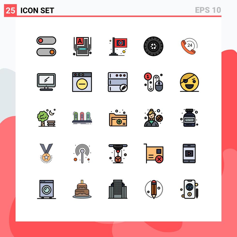 grupp av 25 fylld linje platt färger tecken och symboler för dator telefon flagga kommunikation hjul redigerbar vektor design element