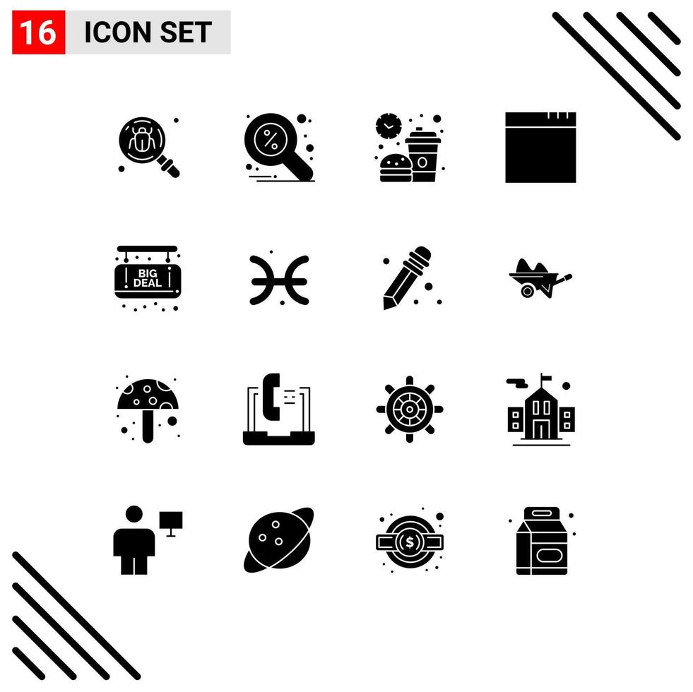 satz von 16 modernen ui-symbolen symbole zeichen für große verkaufsfenster suchen app mittagessen editierbare vektordesignelemente vektor