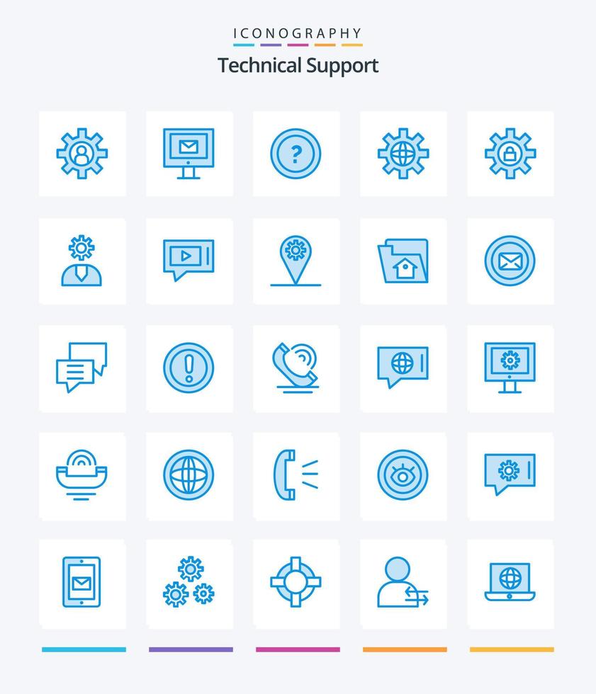 kreativer technischer Support 25 blaues Symbolpaket wie z. B. Ausrüstung. Einstellung. Über. Globus. Unterstützung vektor