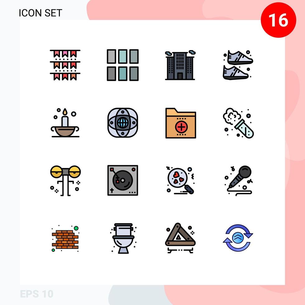 uppsättning av 16 vektor platt Färg fylld rader på rutnät för antik sportigt byggnad sko Kläder redigerbar kreativ vektor design element