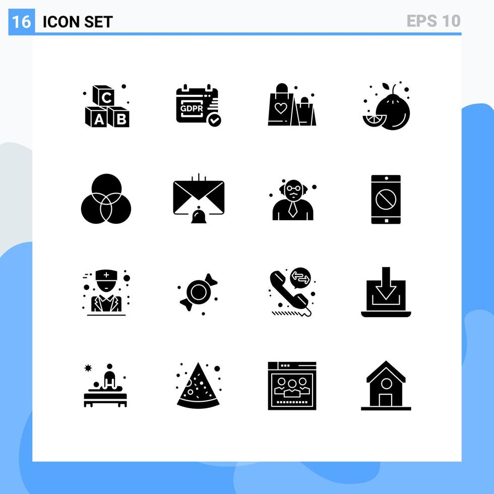 Packung mit 16 modernen soliden Glyphenzeichen und Symbolen für Web-Printmedien wie Design-RGB-Liebesfarbfrucht editierbare Vektordesign-Elemente vektor