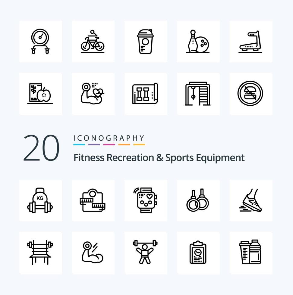 20 kondition rekreation och sporter Utrustning linje ikon packa tycka om sjukvård ringa sport atletisk hjärtslag vektor