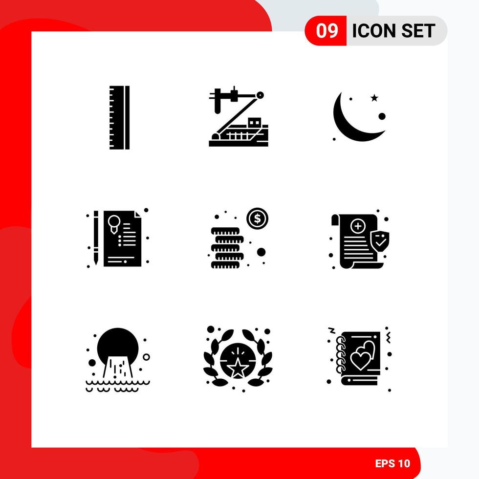 Benutzeroberflächenpaket mit 9 grundlegenden soliden Glyphen von Cash Sign Crescent Document Ramadan editierbare Vektordesign-Elemente vektor