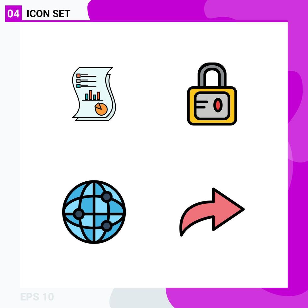 Gruppe von 4 modernen Filledline-Flachfarben, die für Audit-Studiendatenberichte Globus-editierbare Vektordesign-Elemente festgelegt wurden vektor