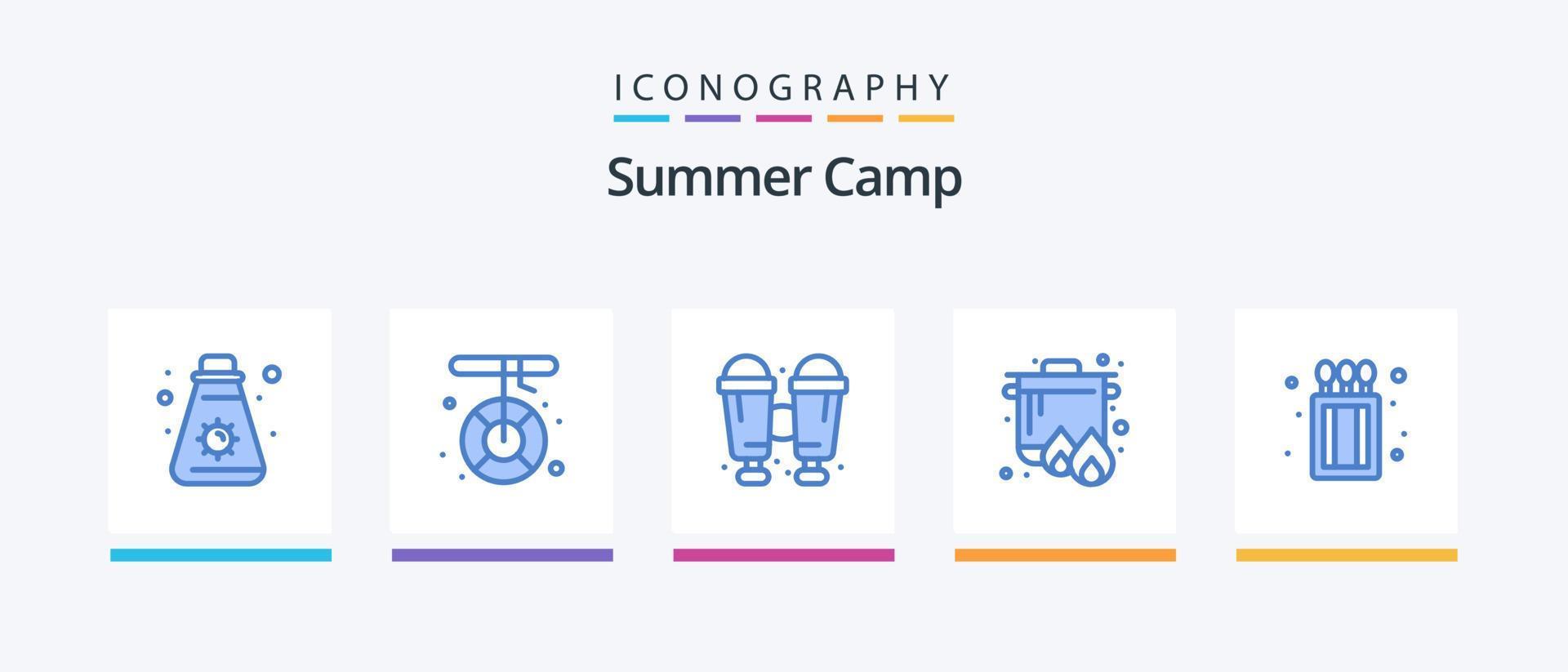 sommar läger blå 5 ikon packa Inklusive brand. matlagning. rädda. spis. koka upp. kreativ ikoner design vektor