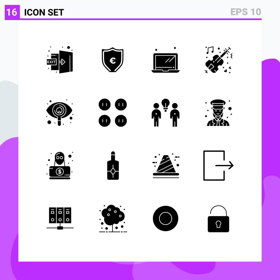 Stock Vector Icon Pack mit 16 Linienzeichen und Symbolen für Computer-Hochzeitsmusik mit gesehenem Auge, editierbare Vektordesign-Elemente