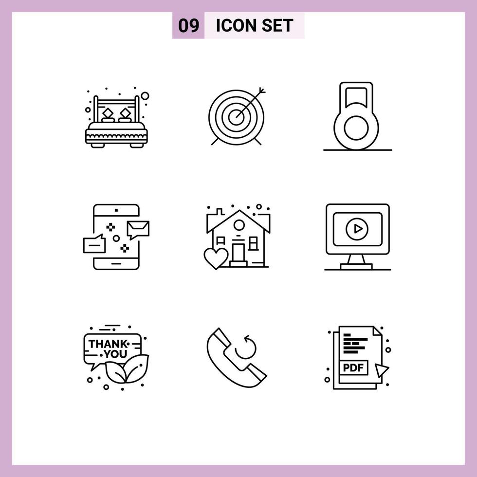 Aktienvektor-Icon-Pack mit 9 Zeilenzeichen und Symbolen für Immobilien-Fokus-Nachricht per E-Mail editierbare Vektordesign-Elemente vektor