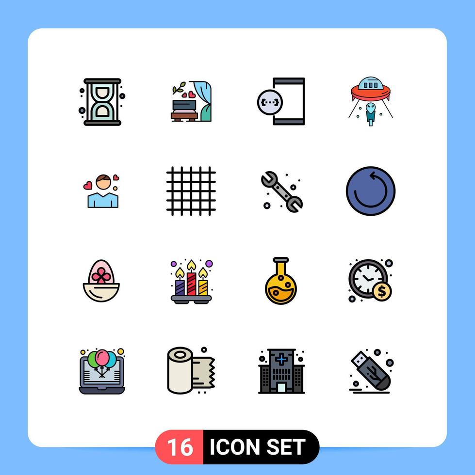 grupp av 16 platt Färg fylld rader tecken och symboler för man rymdskepp kodning UFO utomjording redigerbar kreativ vektor design element