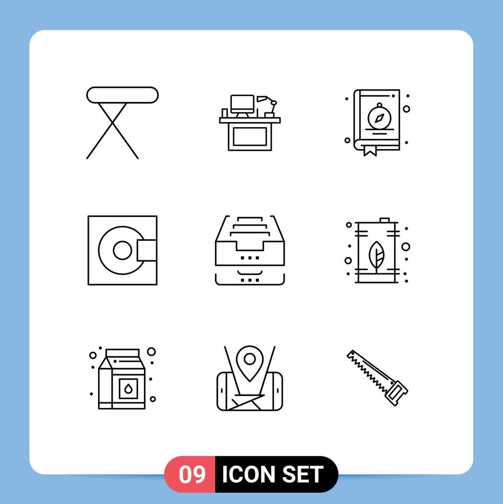 Stock Vector Icon Pack mit 9 Zeilen Zeichen und Symbolen für Minidisc-Geräte Büro Camping Buch editierbare Vektordesign-Elemente