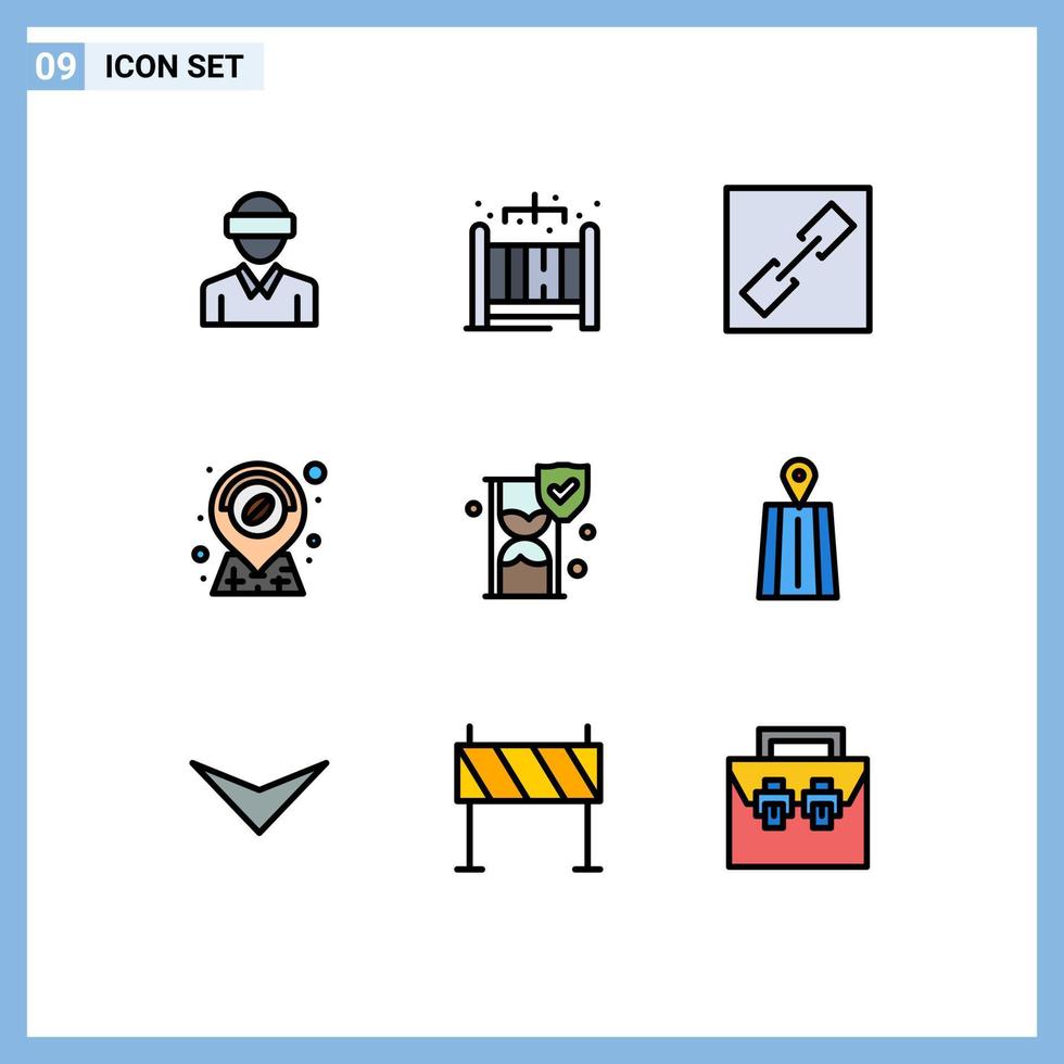 9 universelle Filledline-Flachfarben für Web- und mobile Anwendungen setzen bearbeitbare Vektordesign-Elemente für Versicherungsketten-Zeitglas-Standorte vektor