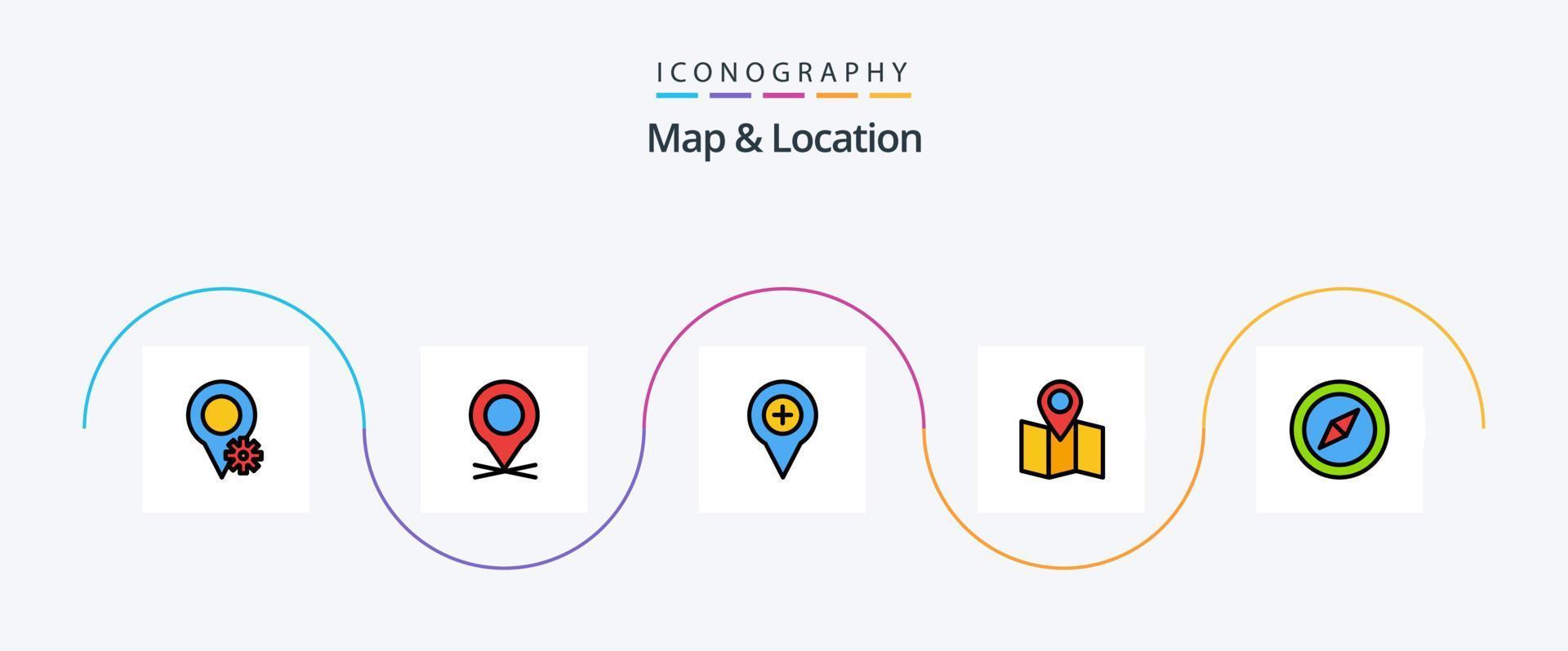 Karte und Positionslinie gefülltes flaches 5-Icon-Paket einschließlich Karte. Kompass. Karte. Zeiger. Lage vektor