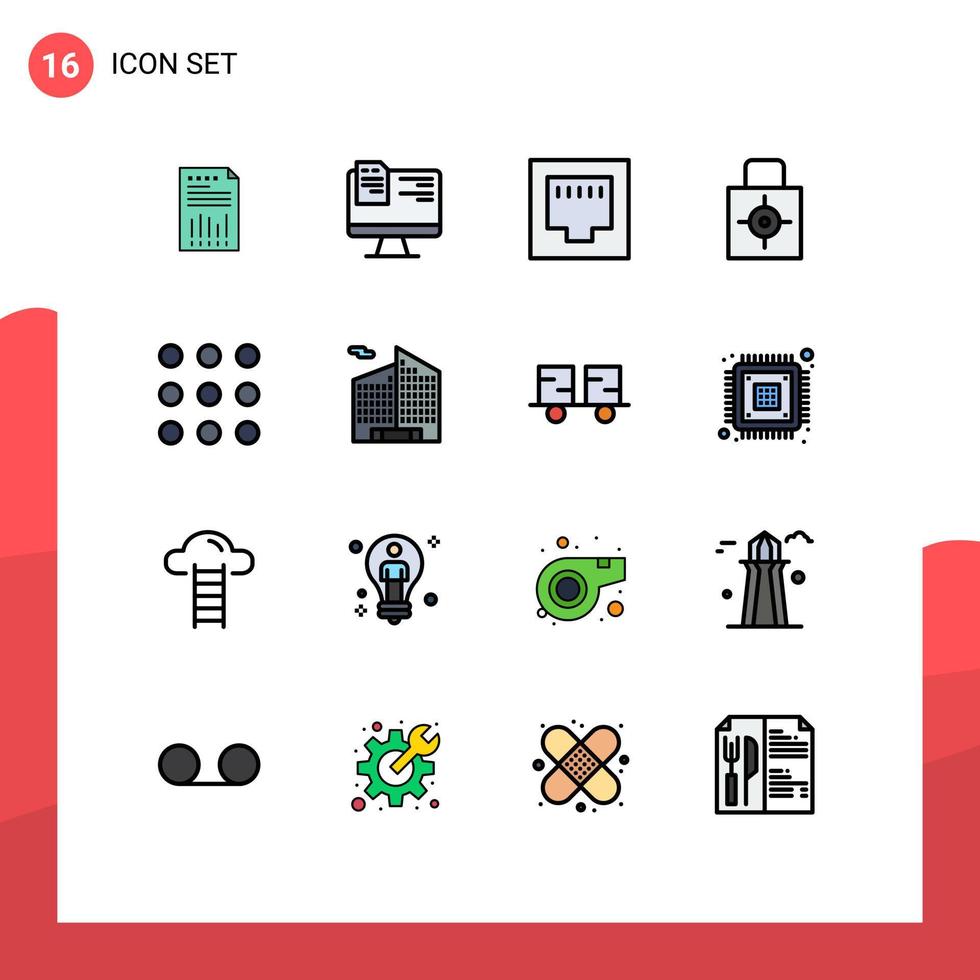 packa av 16 modern platt Färg fylld rader tecken och symboler för webb skriva ut media sådan som säkerhet låsa vaddera fil nyckel Ethernet redigerbar kreativ vektor design element