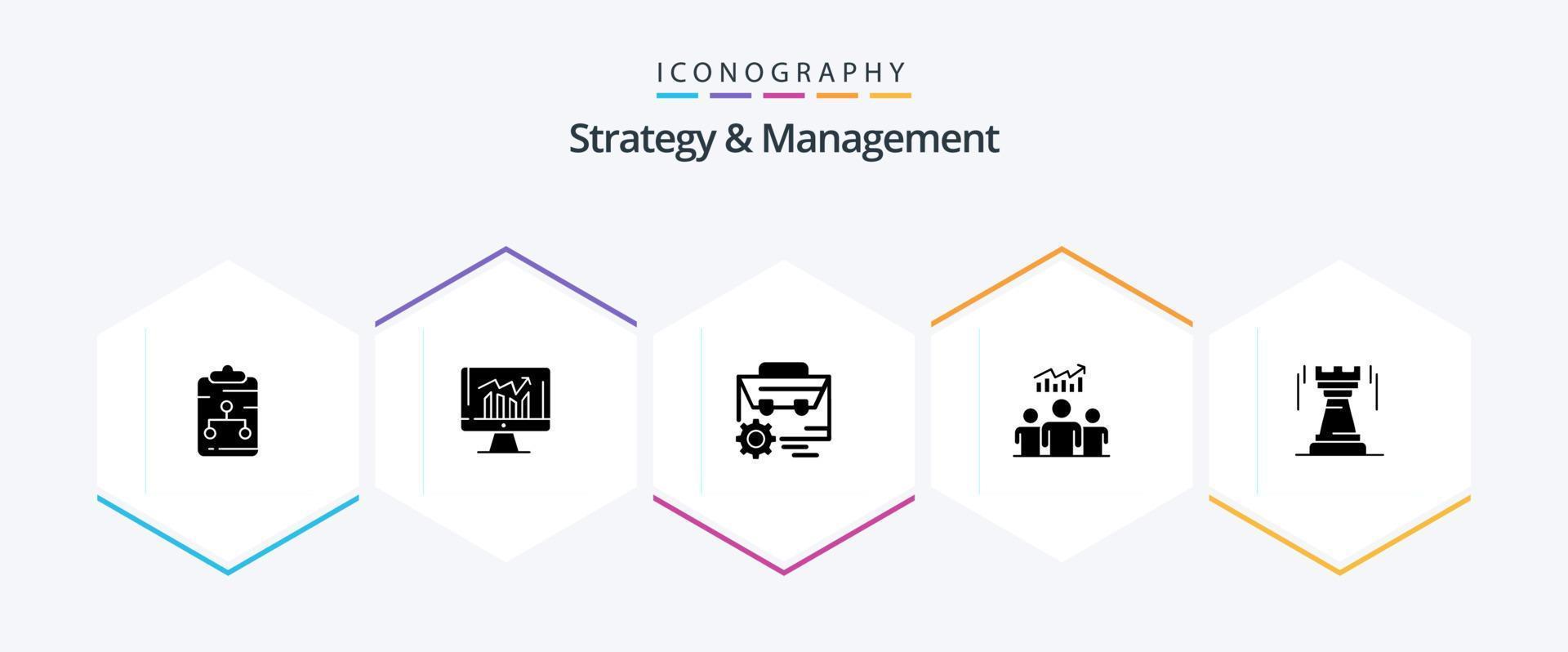 strategi och förvaltning 25 glyf ikon packa Inklusive team. grupp. kpi. tillverkning. miljö vektor