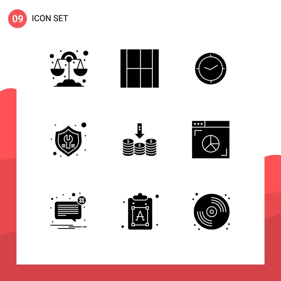 uppsättning av 9 kommersiell fast glyfer packa för mynt reparera Kolla på verktyg fixera redigerbar vektor design element