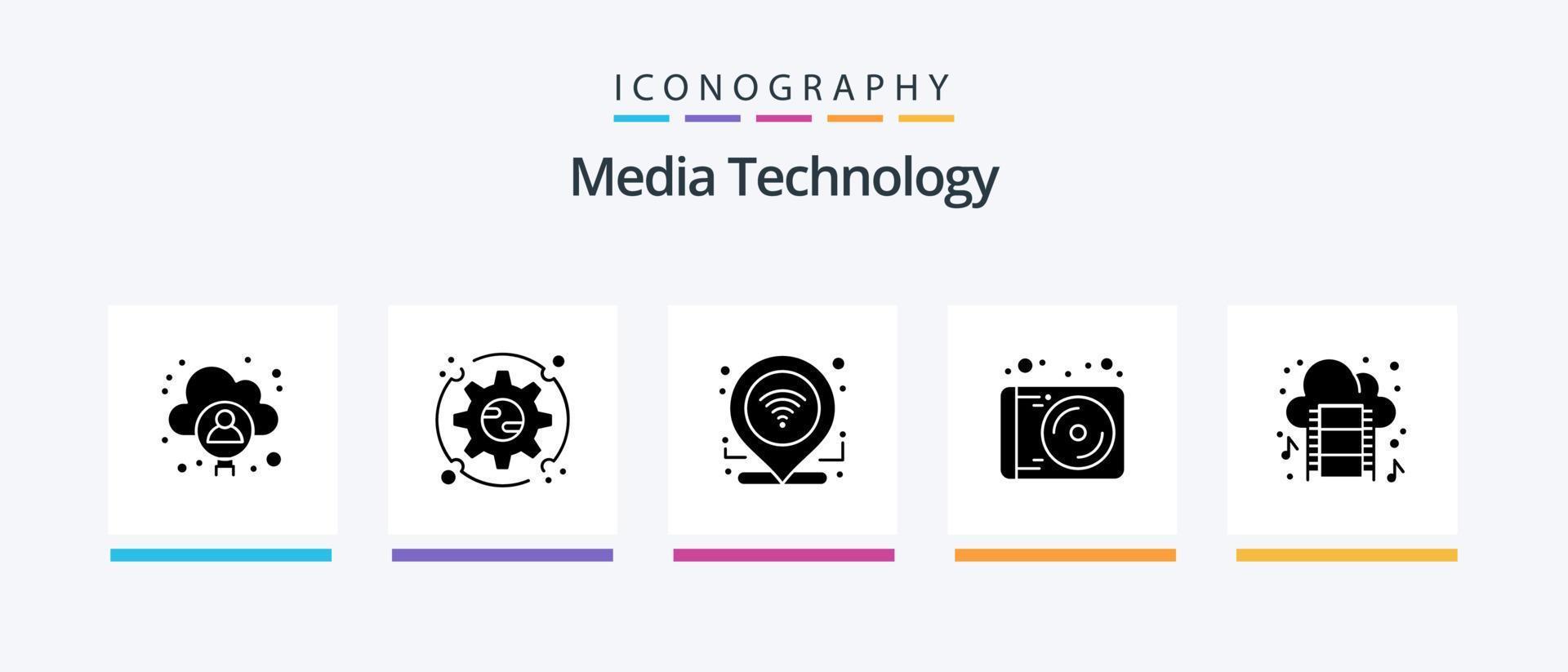 media teknologi glyf 5 ikon packa Inklusive filma klämma. teknologi. kolla upp i. musik. enhet. kreativ ikoner design vektor