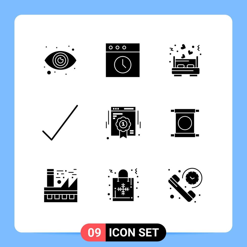 Gruppe von 9 soliden Glyphenzeichen und Symbolen für Scroll-Web-Liebesqualitäts-Tick editierbare Vektordesign-Elemente vektor