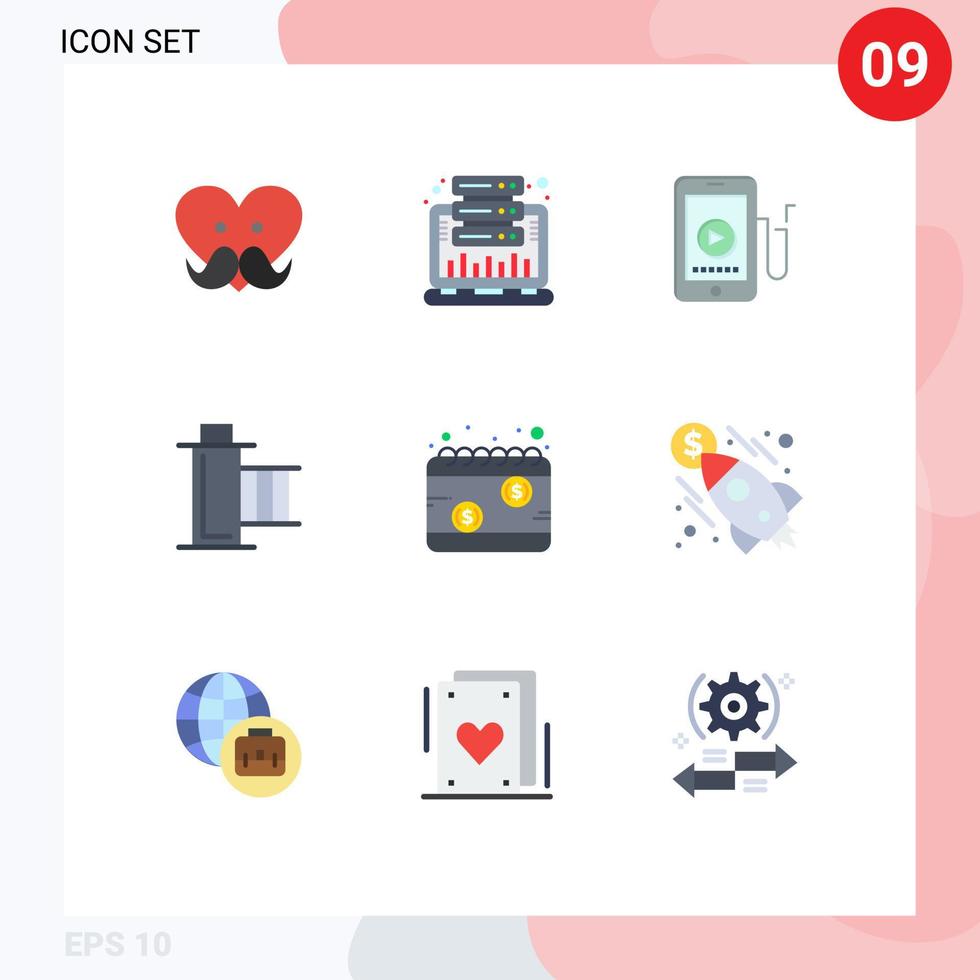 9 thematische Vektor-Flachfarben und editierbare Symbole von bearbeitbaren Vektordesign-Elementen für Filmrollenfilm-Webfilmbildung vektor