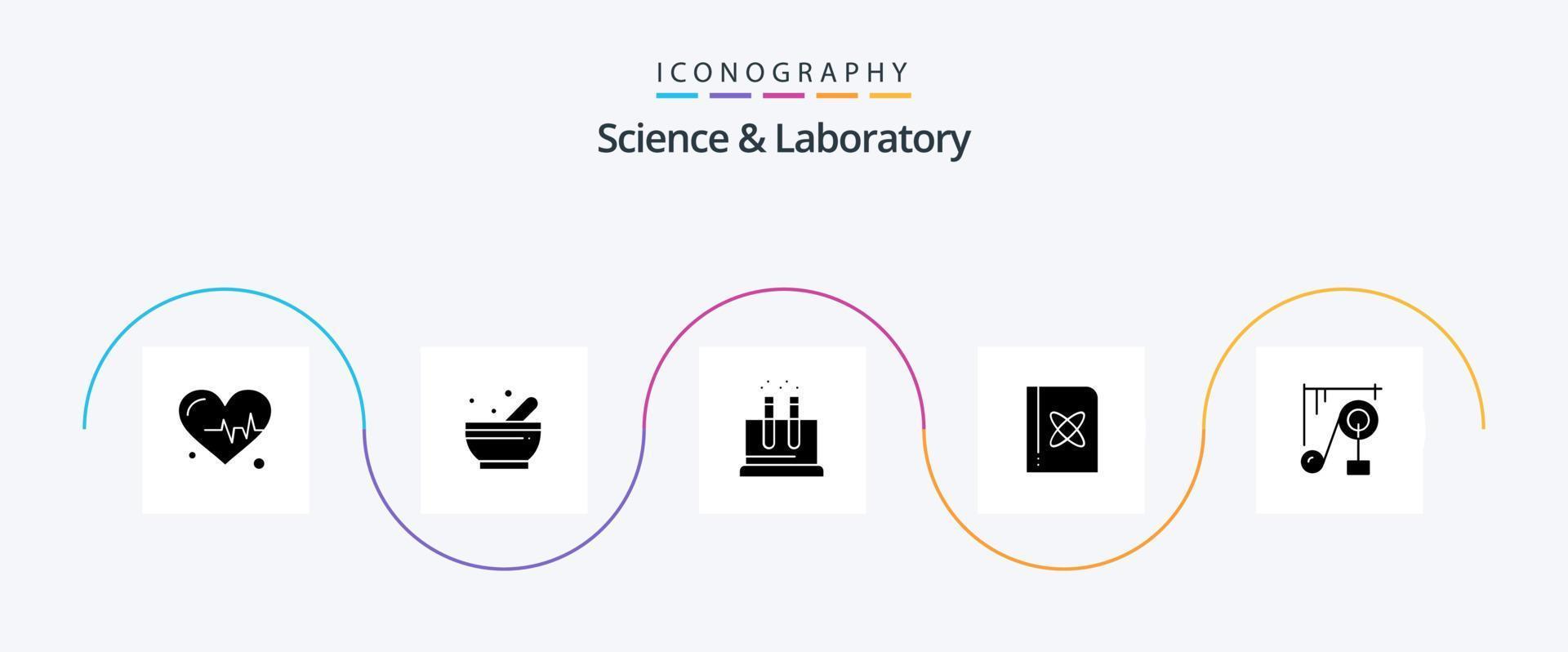 Science Glyph 5 Icon Pack inklusive Science Machine. Maschine. Rohr. Gerät. Physik vektor