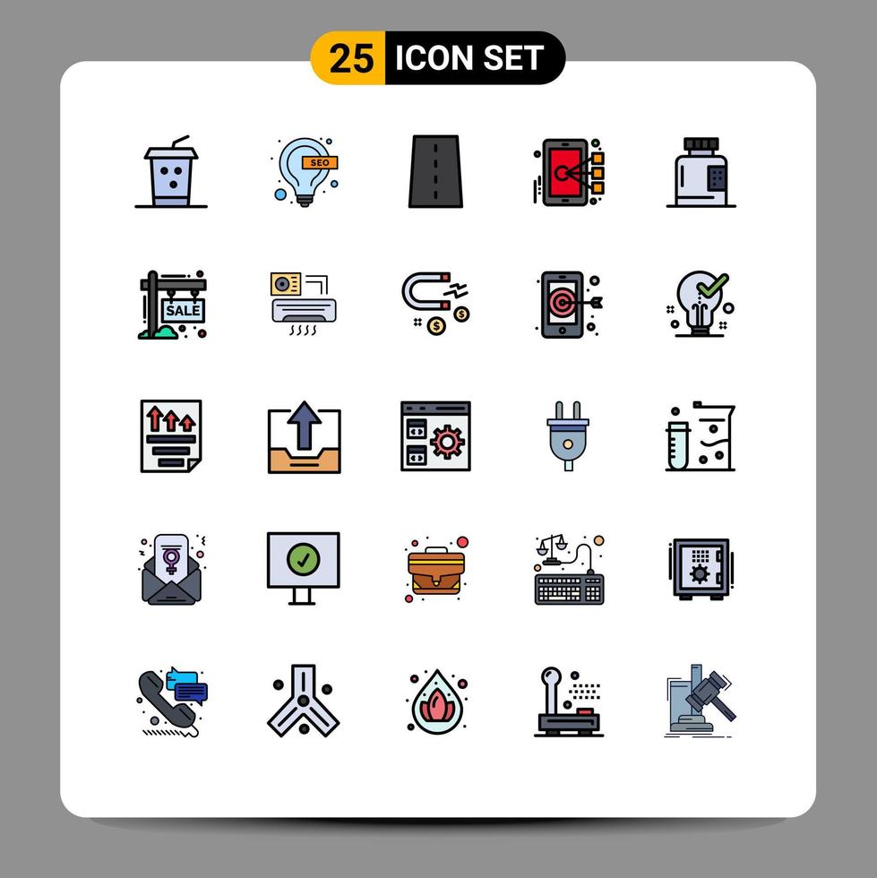 moderner Satz von 25 gefüllten flachen Farben Piktogramm der Krankheit Zielinfrastruktur mobile Zelle editierbare Vektordesign-Elemente vektor