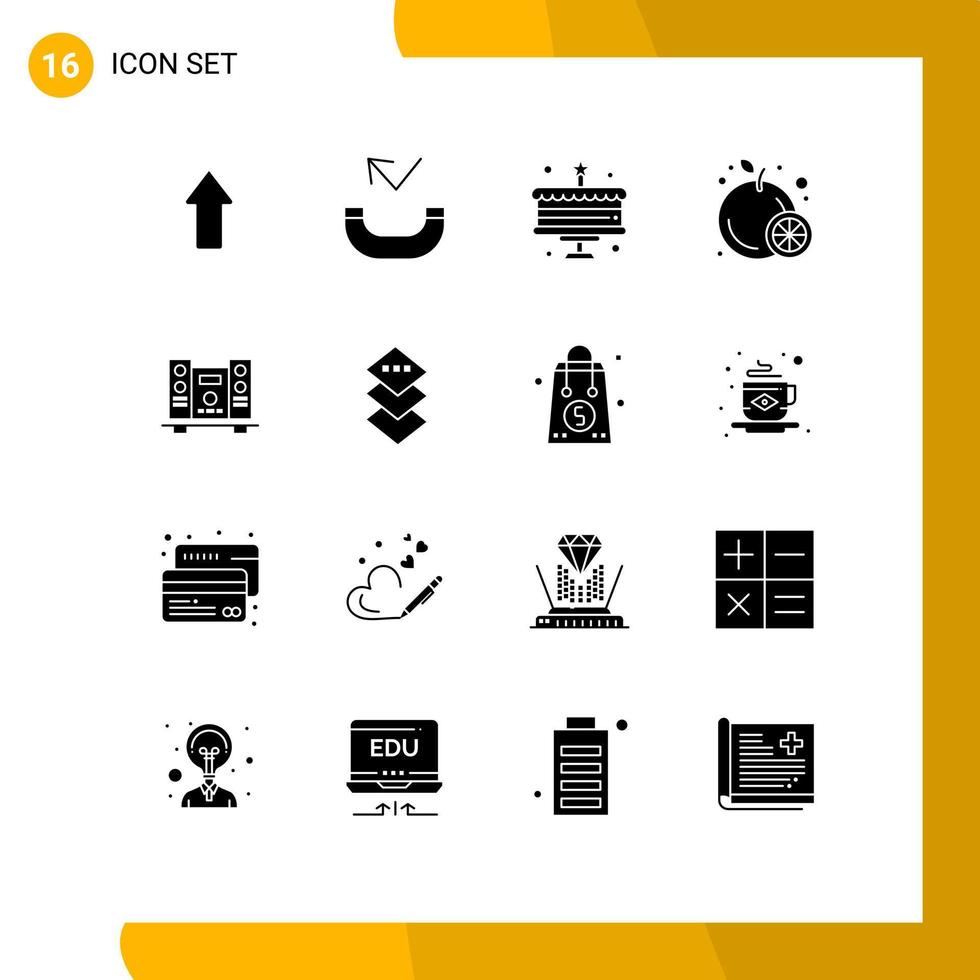 moderner Satz von 16 soliden Glyphen-Piktogrammen von Design-Lautsprecher-Feier laut orange editierbaren Vektor-Design-Elementen vektor