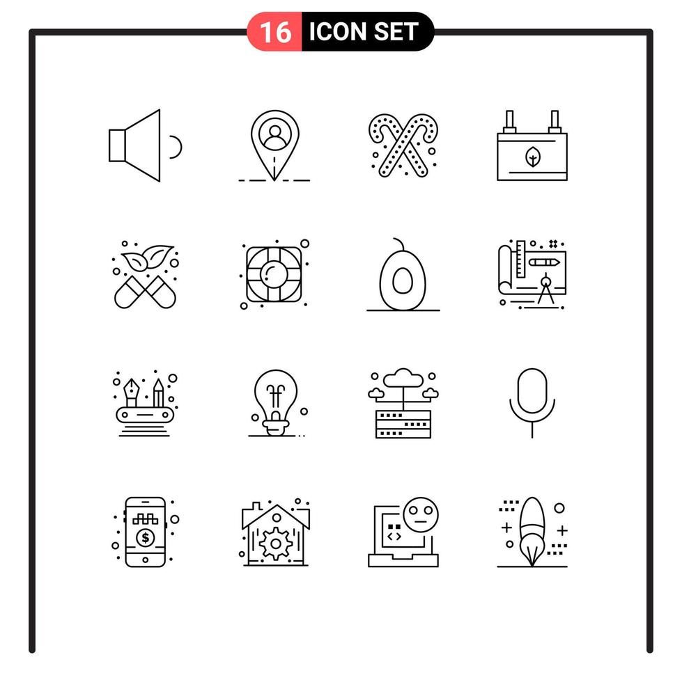 uppsättning av 16 vektor konturer på rutnät för apotek alternativ mat energi ekologi redigerbar vektor design element