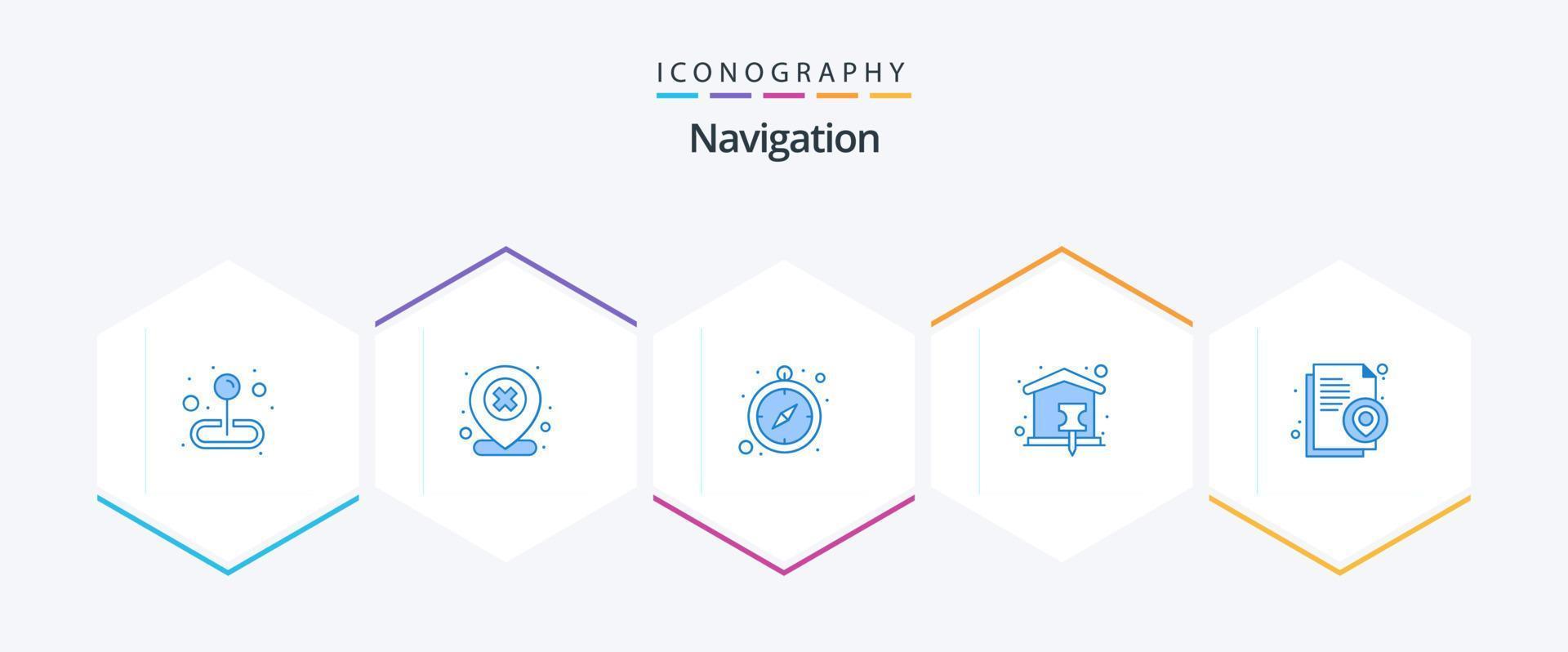 Navigation 25 blaues Symbolpaket einschließlich Standort. Stift. kreuzen. Kartenstift. Heimat vektor