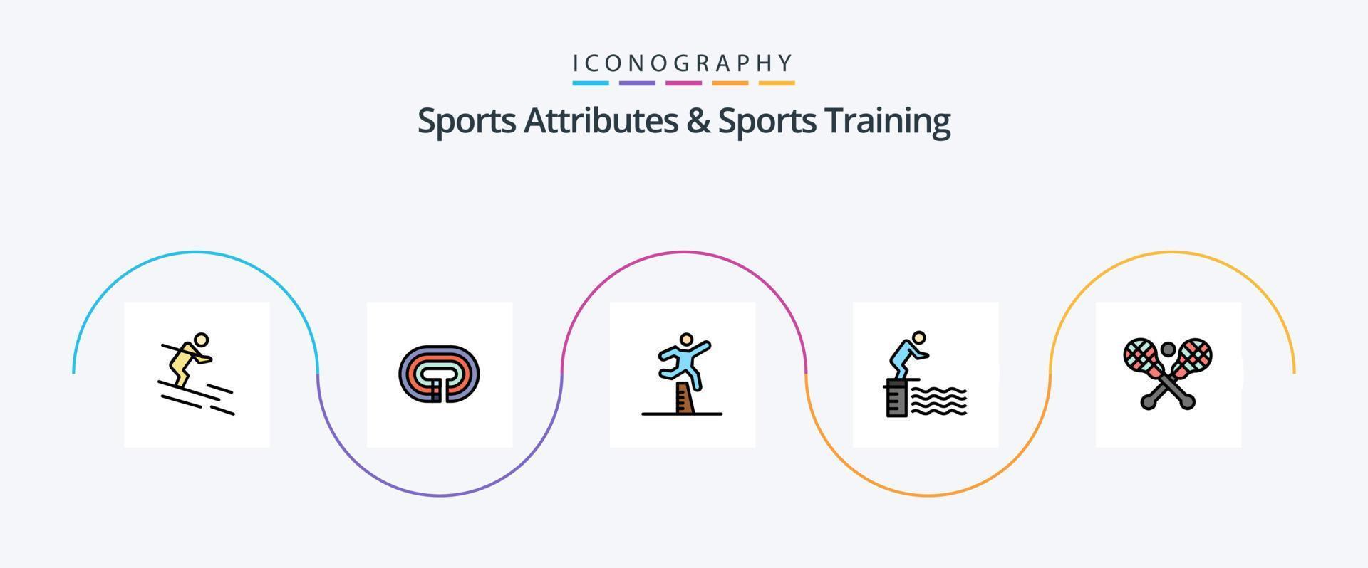 sporter attribut och sporter Träning linje fylld platt 5 ikon packa Inklusive sport. plattform. idrottare. hoppa. hinder vektor