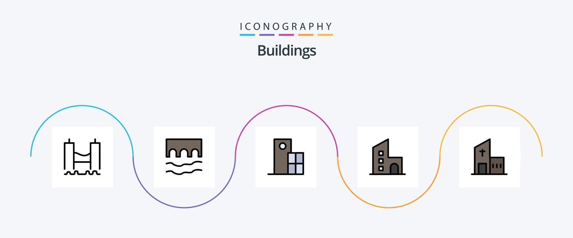byggnader linje fylld platt 5 ikon packa Inklusive egendom. lägenhet. monument. strukturera. klocka vektor