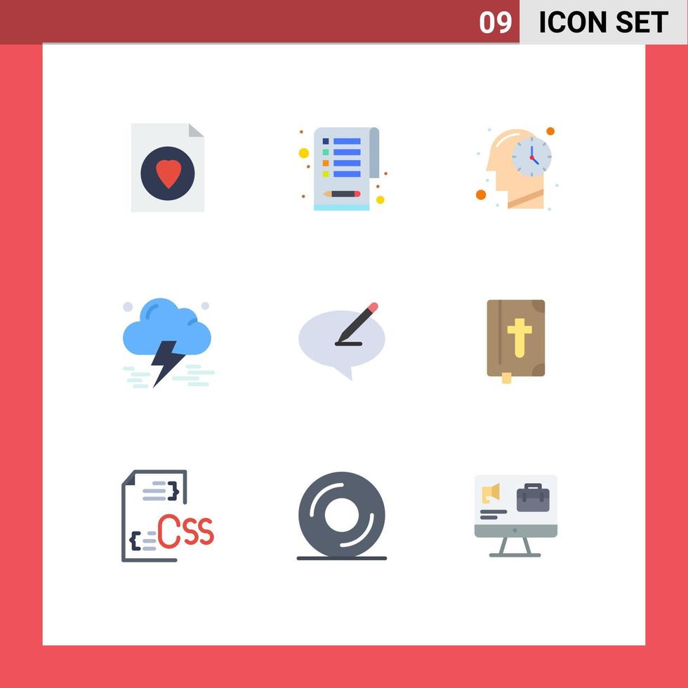 modern uppsättning av 9 platt färger och symboler sådan som penna notera tid meddelande åskväder redigerbar vektor design element
