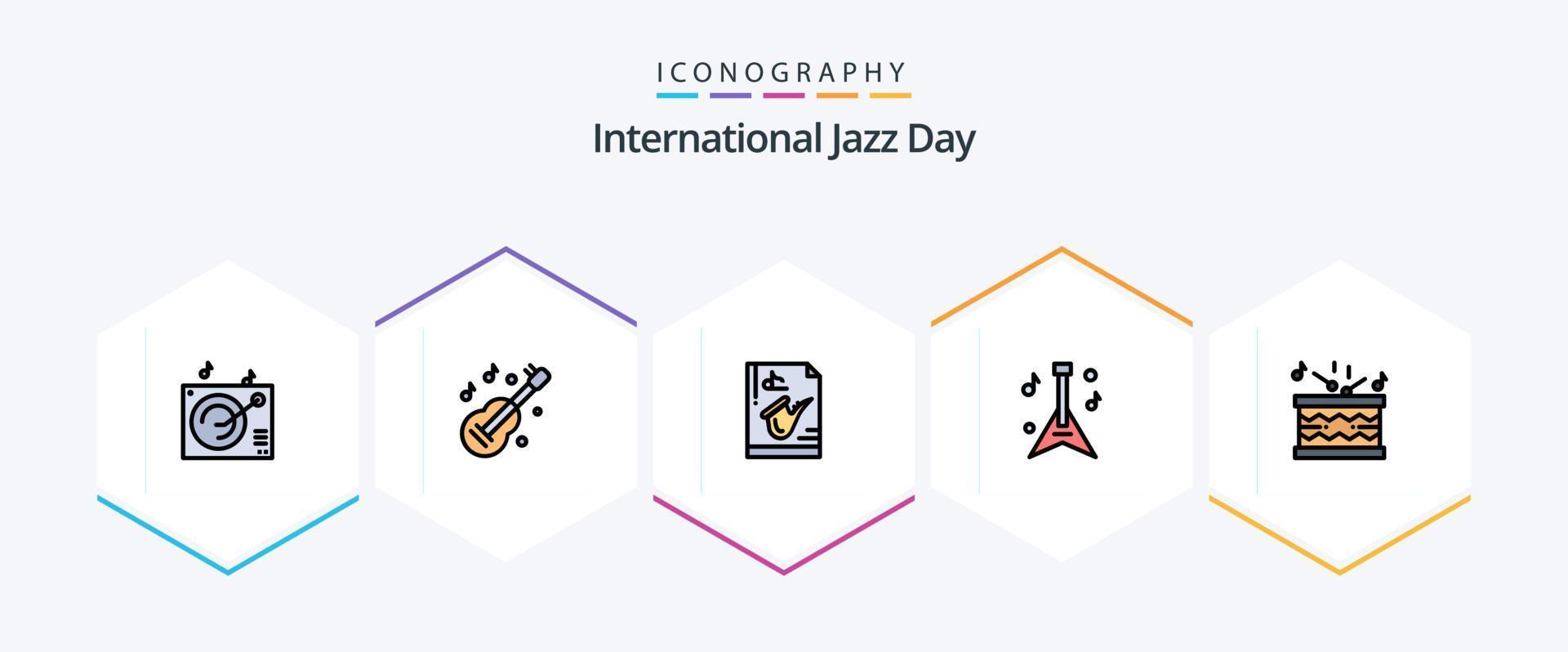internationell jazz dag 25 fylld linje ikon packa Inklusive musik. trumma. instrument. musik. gitarr vektor
