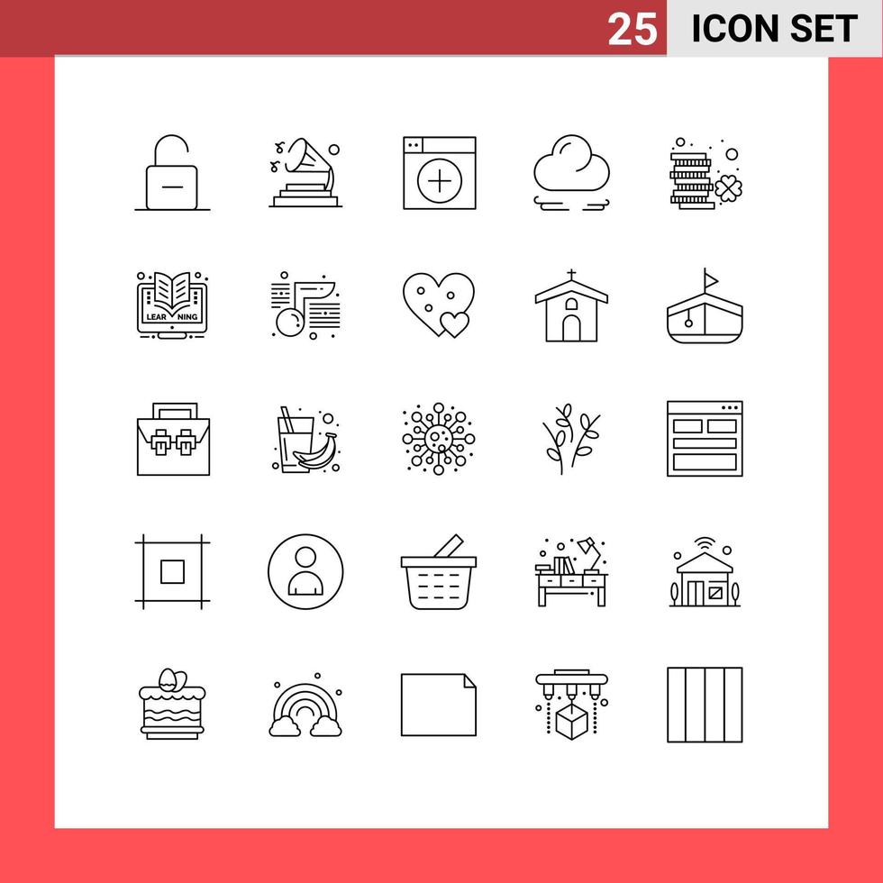 Stock-Vektor-Icon-Pack mit 25 Linienzeichen und Symbolen für Münzwolkenvolumen Windgrafiken editierbare Vektordesign-Elemente vektor
