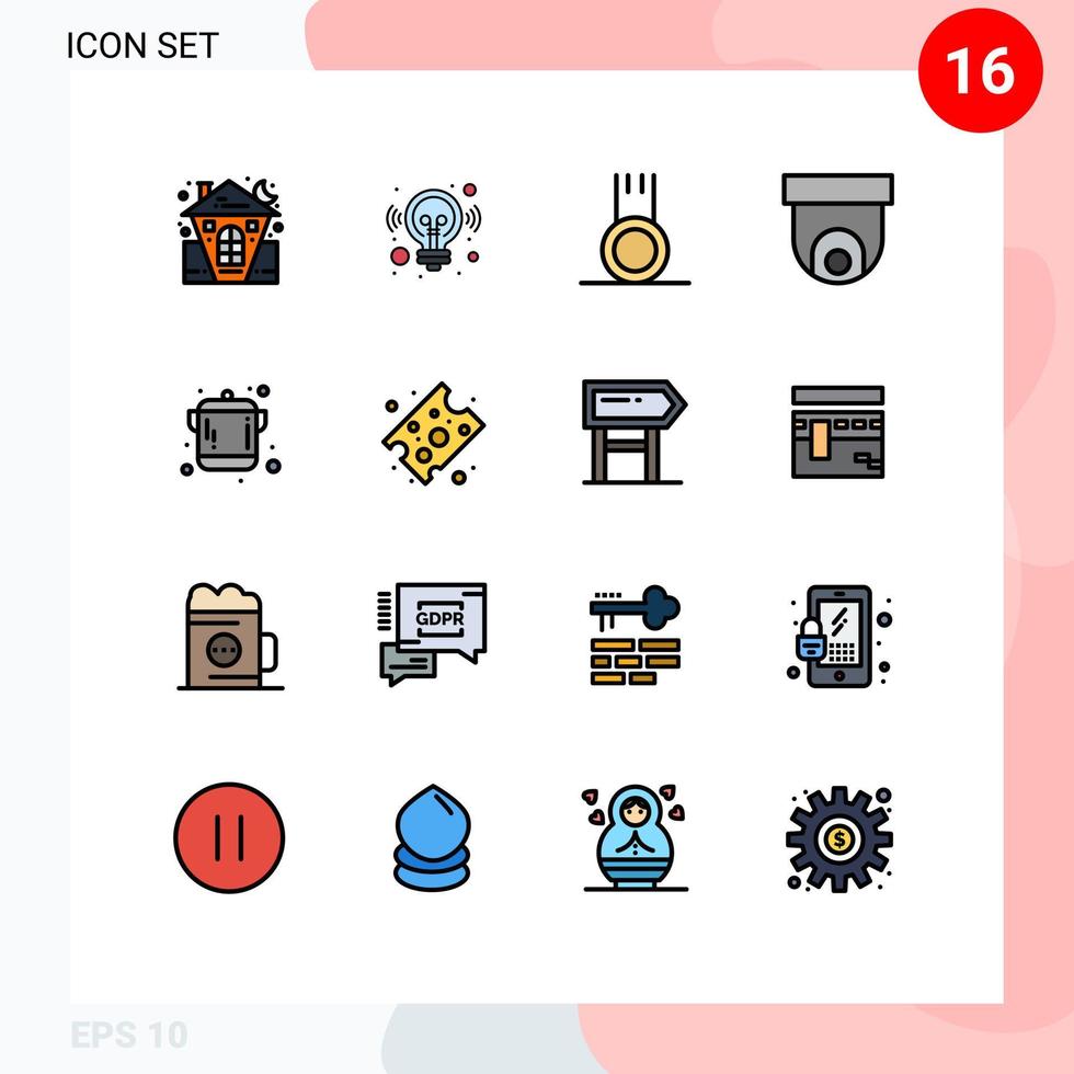 16 platt Färg fylld linje begrepp för webbplatser mobil och appar matlagning säkerhet kamera lösning cCTV sport redigerbar kreativ vektor design element
