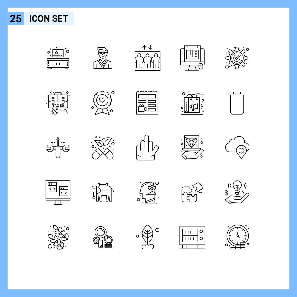 Stock Vector Icon Pack mit 25 Zeilenzeichen und Symbolen für Scheck akzeptieren Aufzug Weblayout Webdesign editierbare Vektordesignelemente