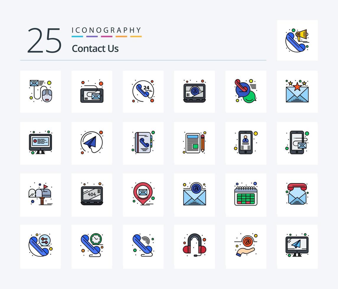 Kontaktieren Sie uns 25 Zeilen gefülltes Icon Pack inklusive Chat. Laptop. Tablette. Email. Service vektor