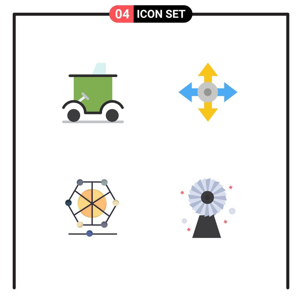 Packung mit 4 kreativen flachen Symbolen von Cart-Maschinen-Golfwagen-Kartensprache editierbaren Vektordesign-Elementen vektor