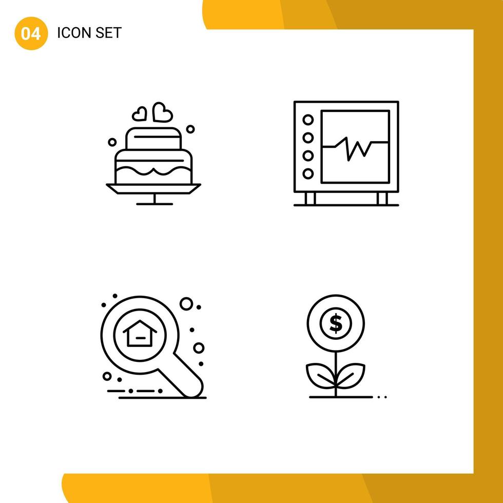 mobile schnittstellenlinie satz von 4 piktogrammen von kuchenwohnungshochzeitsherzsuche editierbare vektordesignelemente vektor