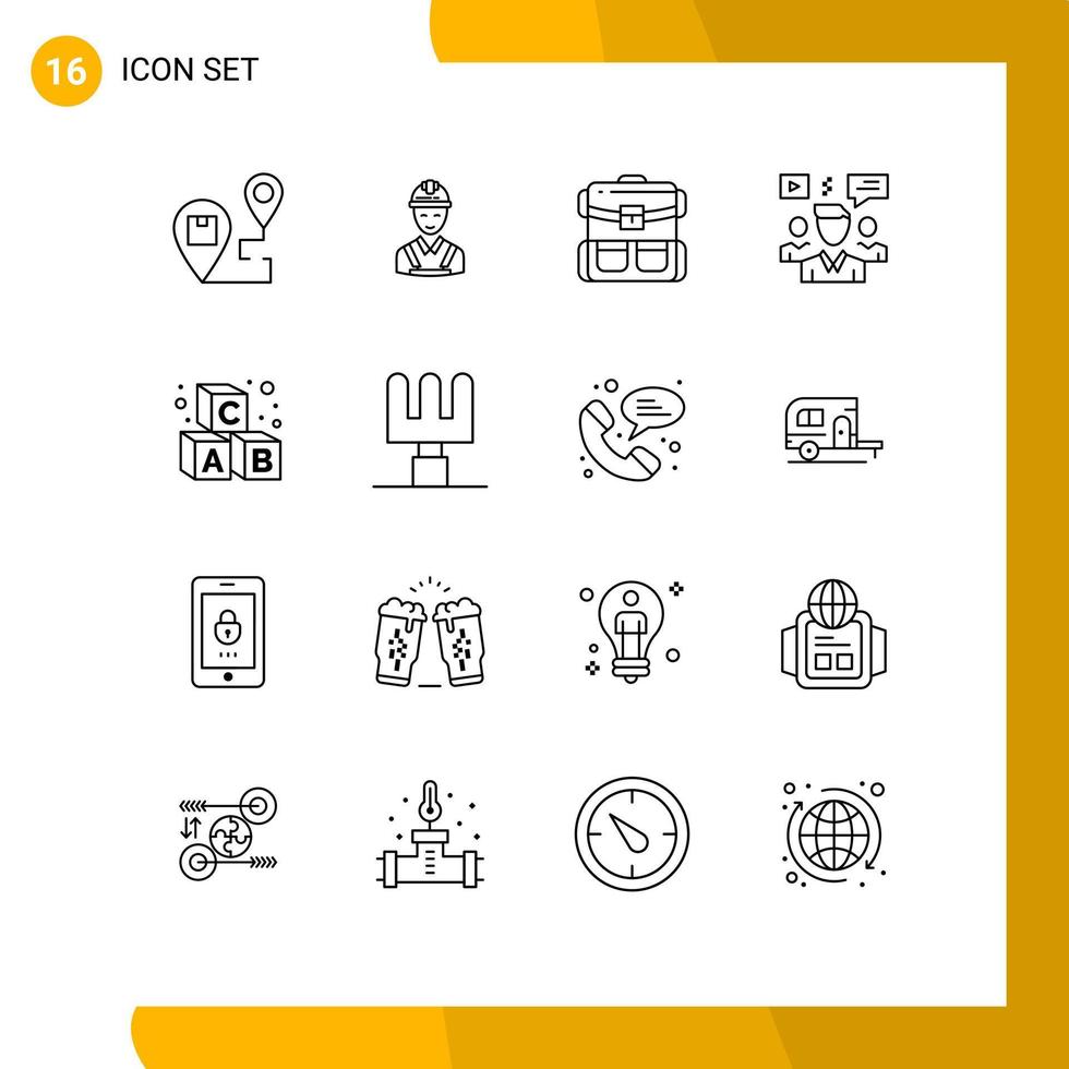 Stock Vector Icon Pack mit 16 Zeilenzeichen und Symbolen für Chat-Benutzerkonstruktion Wandertasche editierbare Vektordesign-Elemente