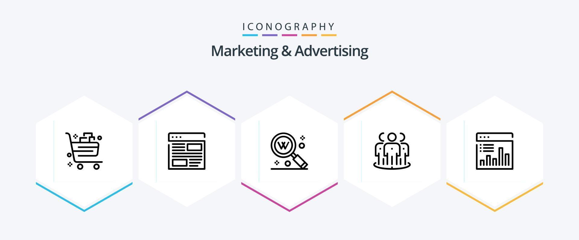 Marketing und Werbung 25-Zeilen-Icon-Pack inklusive Fokus. Werbung. Layout. Text. Suche vektor