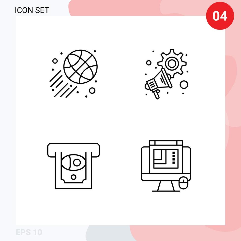 moderner satz von 4 flachen farben und symbolen der gefüllten linie wie basketballballgeldwerbungseinstellungen webdesign editierbare vektordesignelemente vektor
