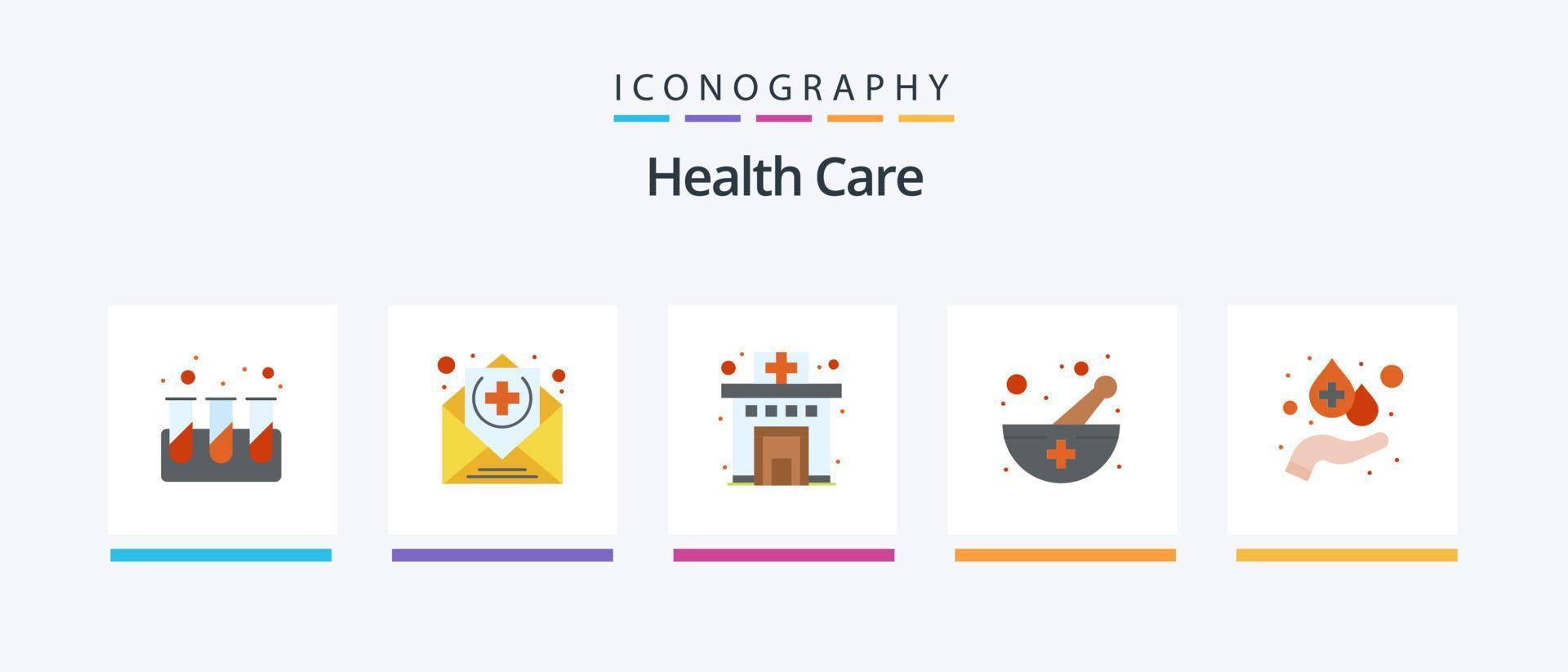 hälsa vård platt 5 ikon packa Inklusive vård. apotek. sjukvård. medicin skål. mespital. kreativ ikoner design vektor