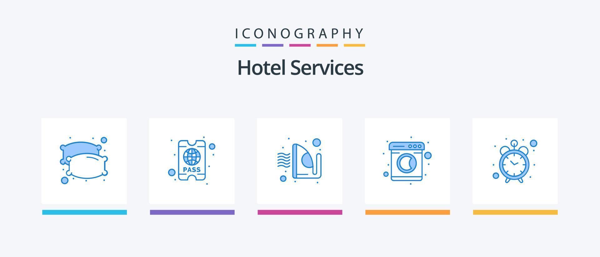 Hotelservices Blue 5 Icon Pack inklusive . Uhr. Bügeln. Alarm. Maschine. kreatives Symboldesign vektor