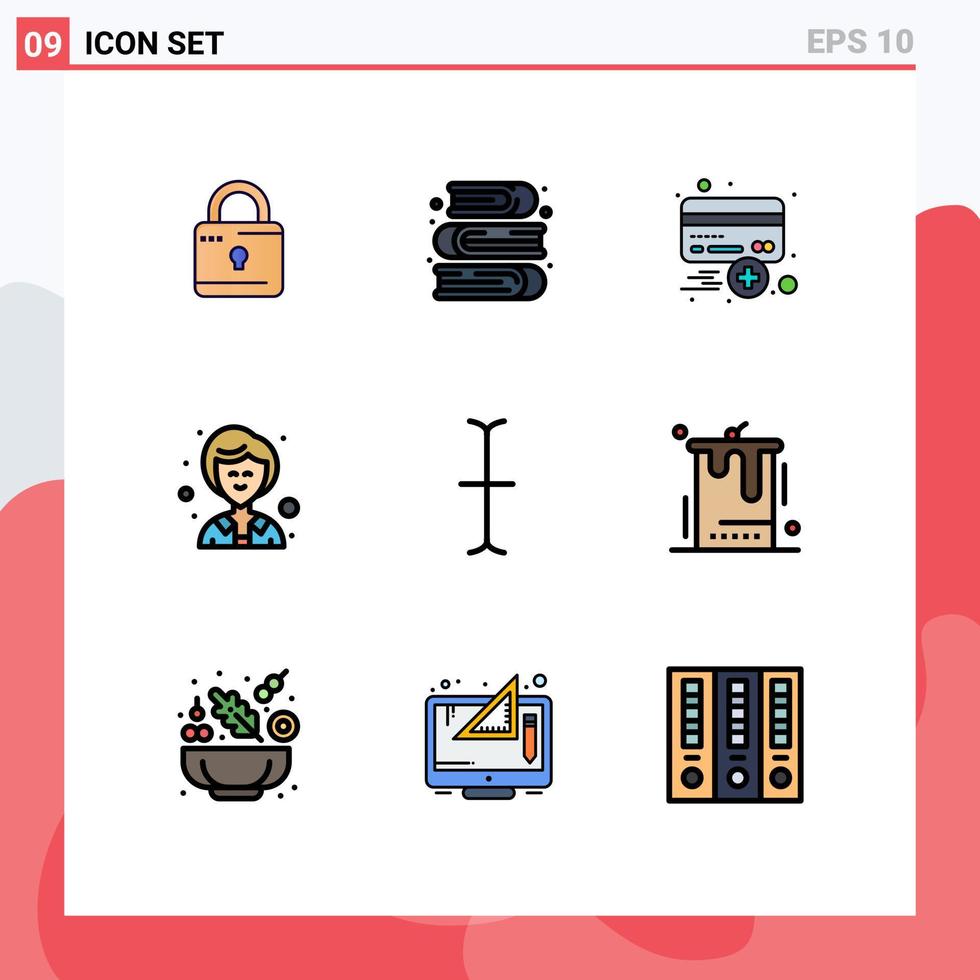 modern uppsättning av 9 fylld linje platt färger pictograph av inmatning kvinna Lägg till kvinna kreditera redigerbar vektor design element