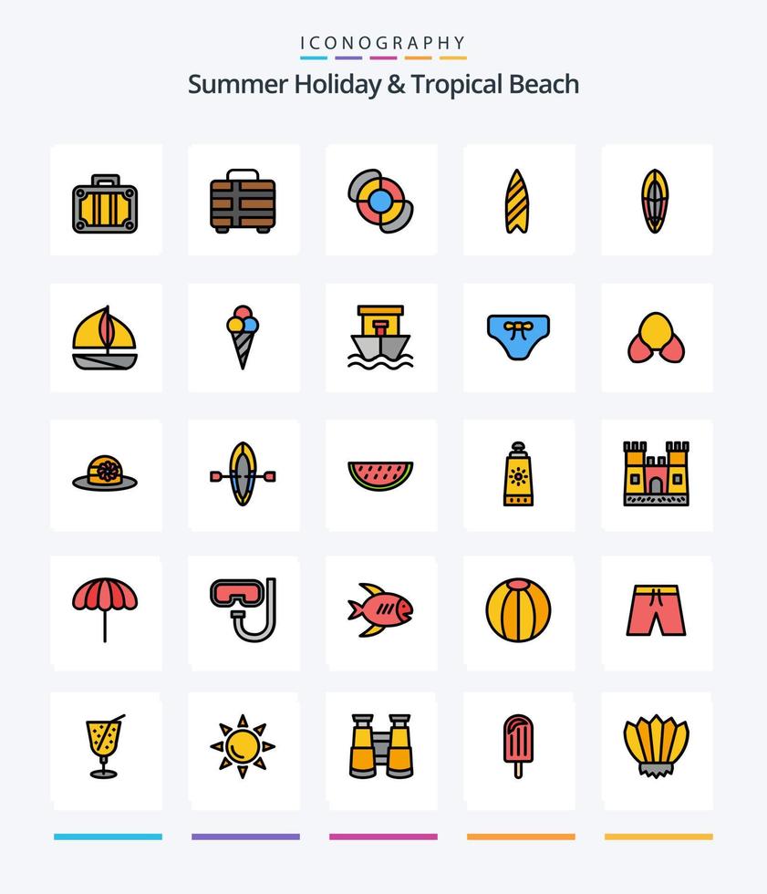 kreativer Strand 25 Zeilen gefülltes Icon Pack wie Schiff. Eis. Sport. Strand. Boot vektor