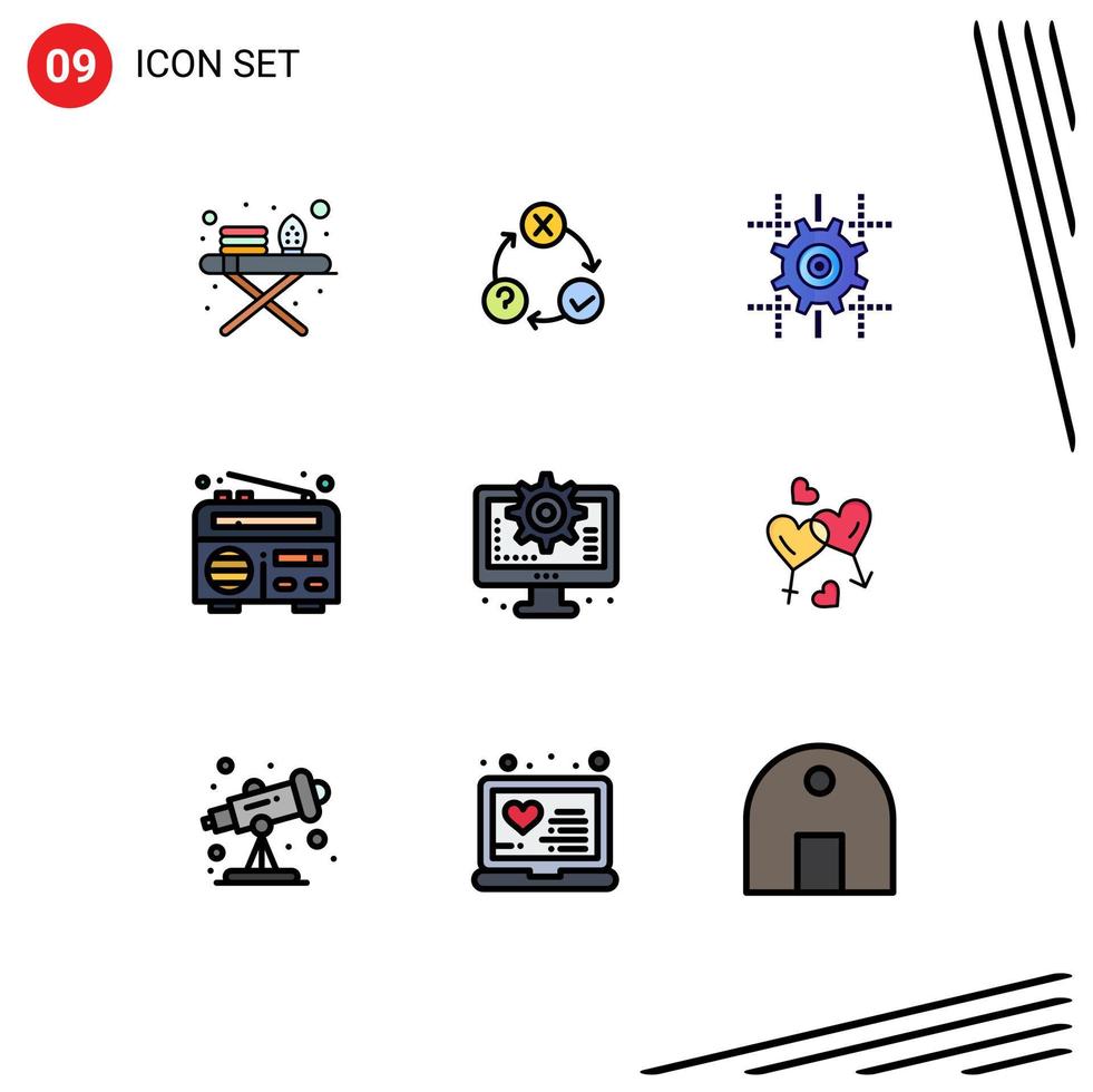 Mobile Schnittstelle Filledline Flacher Farbsatz von 9 Piktogrammen von Prozesscomputereinstellung Hochfrequenz-editierbare Vektordesign-Elemente vektor