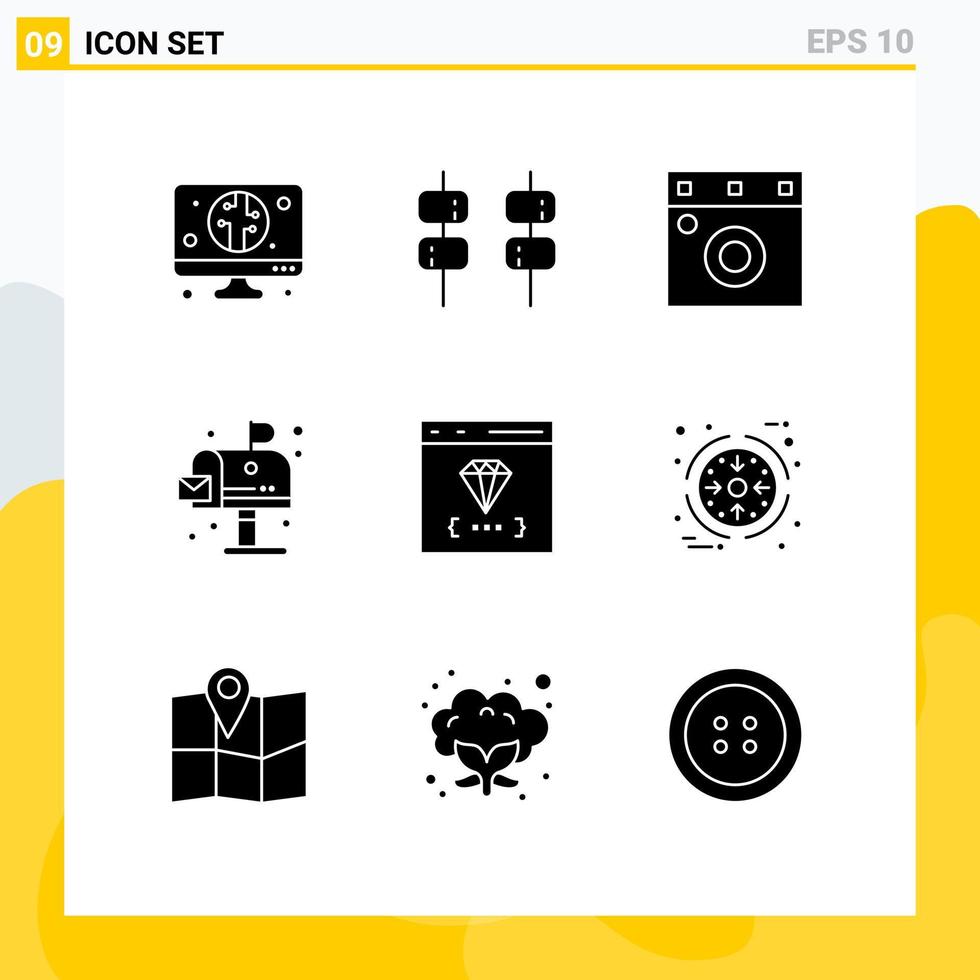 9 fast glyf begrepp för webbplatser mobil och appar utveckling kodning garderob browser brevlåda redigerbar vektor design element